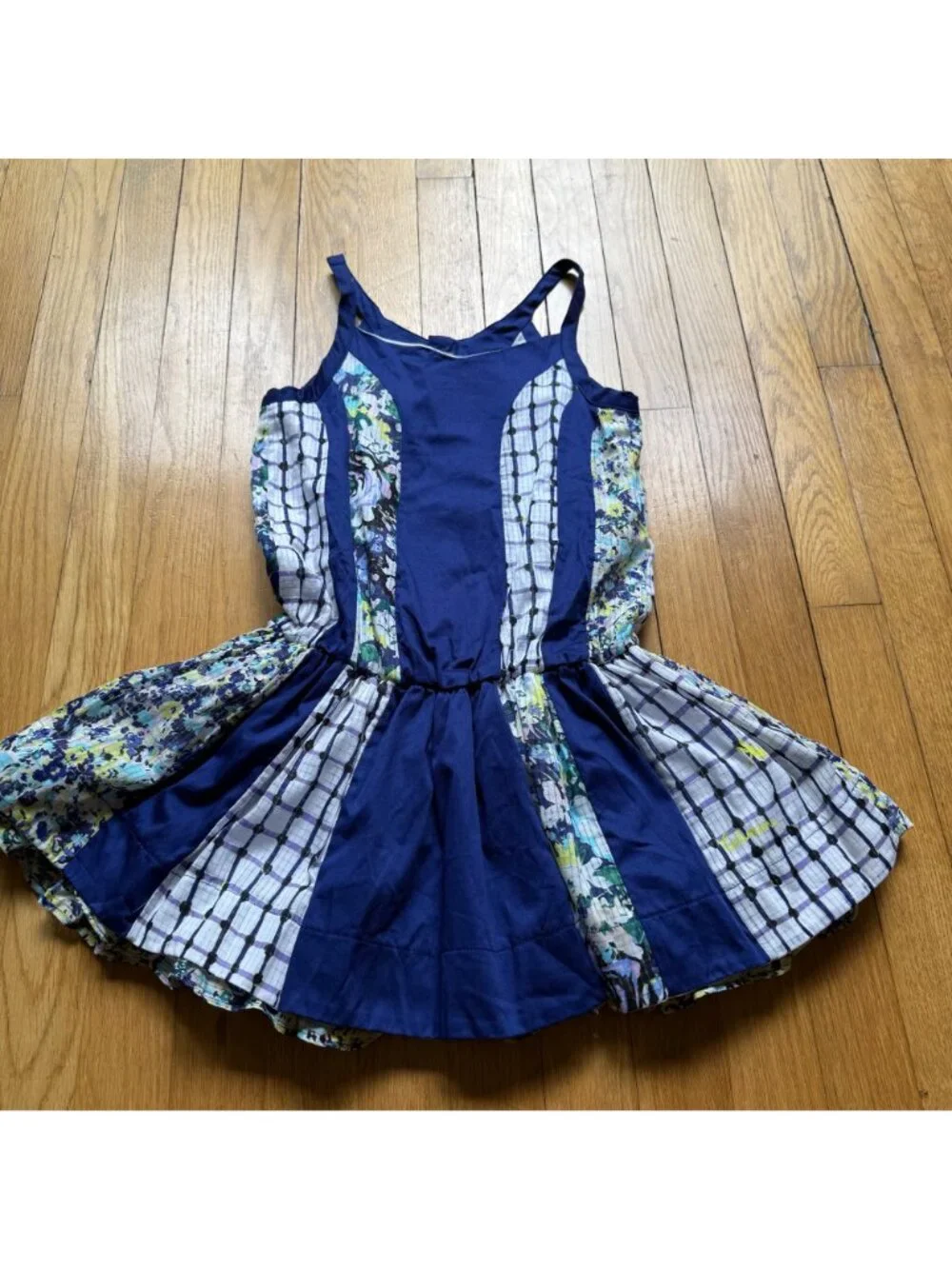 Catimini Girls Size 10 Blue Floral Striped Patchwork Sleeveless Ruffle Dress